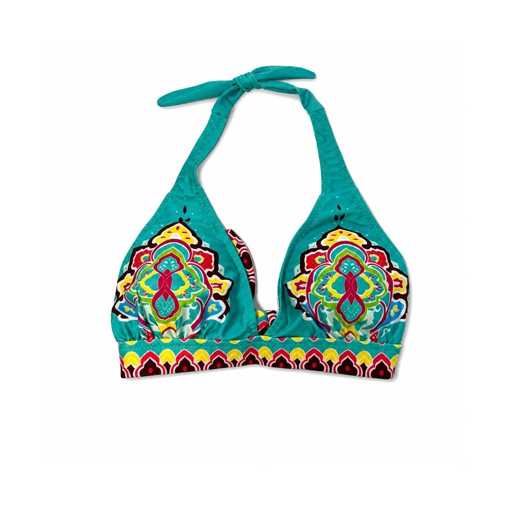 Boho Medallion Print Halter Bikini Top Teal Multicolor Women Size Large NWOT